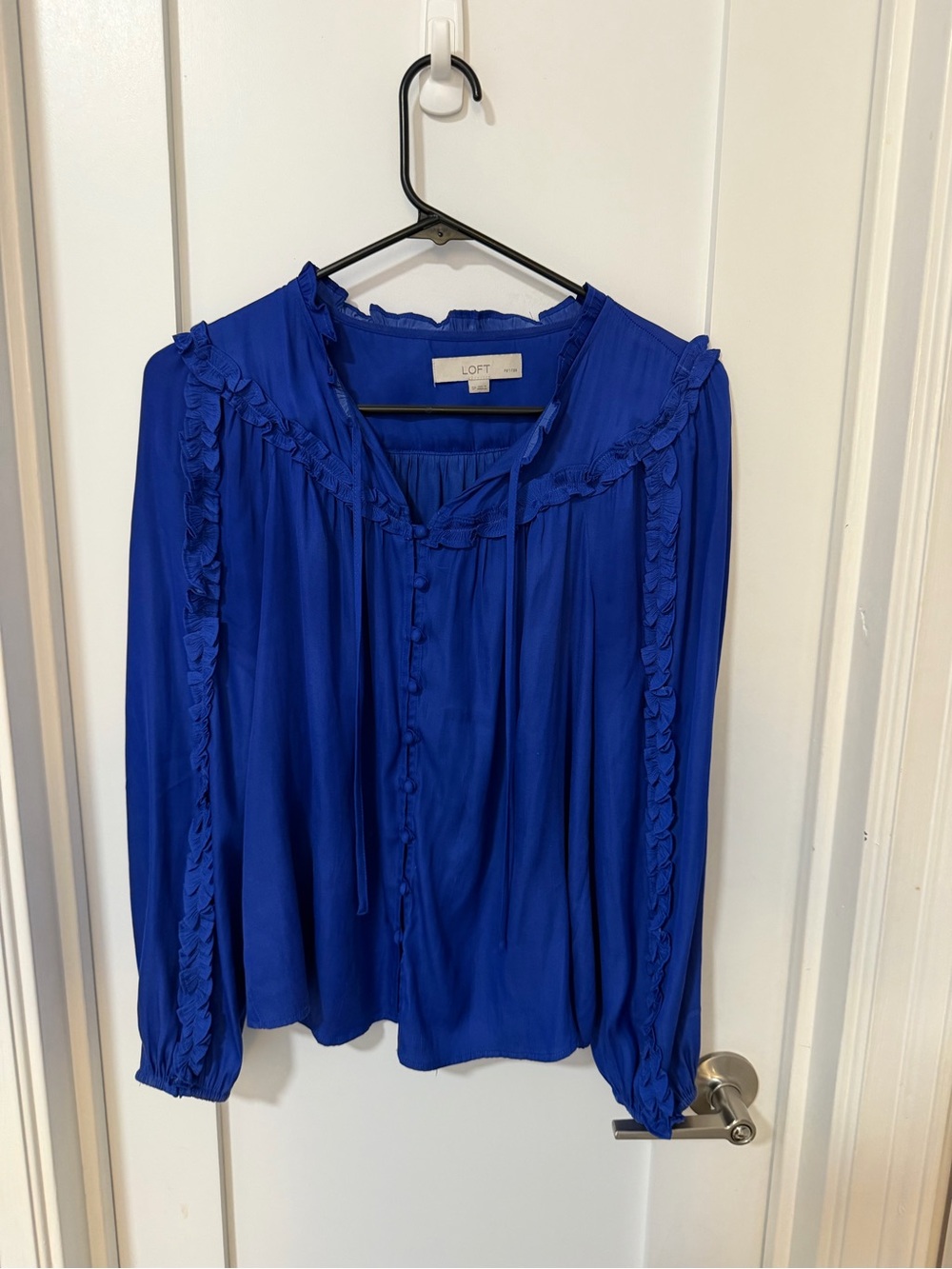 LOFT Royal Blue Button-Front Ruffle Blouse - Picture 3 of 5